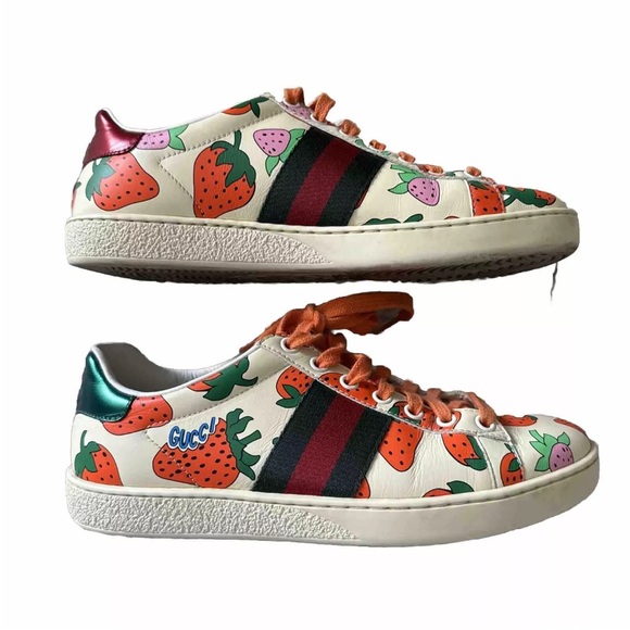 Gucci Ace Strawberry Leather Sneakers Size 36.5 - Picture 2 of 7